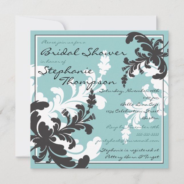 Elegante Damask Floral Bridal Dusche Einladung (Vorderseite)