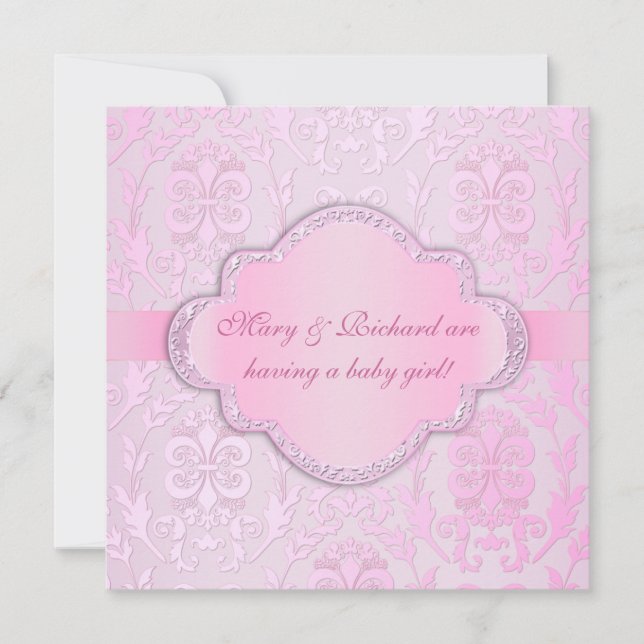 Elegante Damask Floral Swirl Pink Babydusche Einladung (Vorderseite)