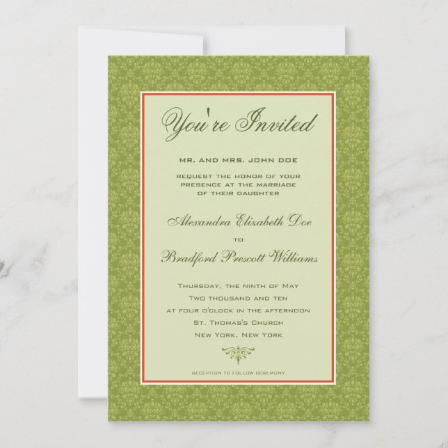 Elegante Damask Formal Hochzeit Einladung:Olivegrü Einladung (Vorderseite)