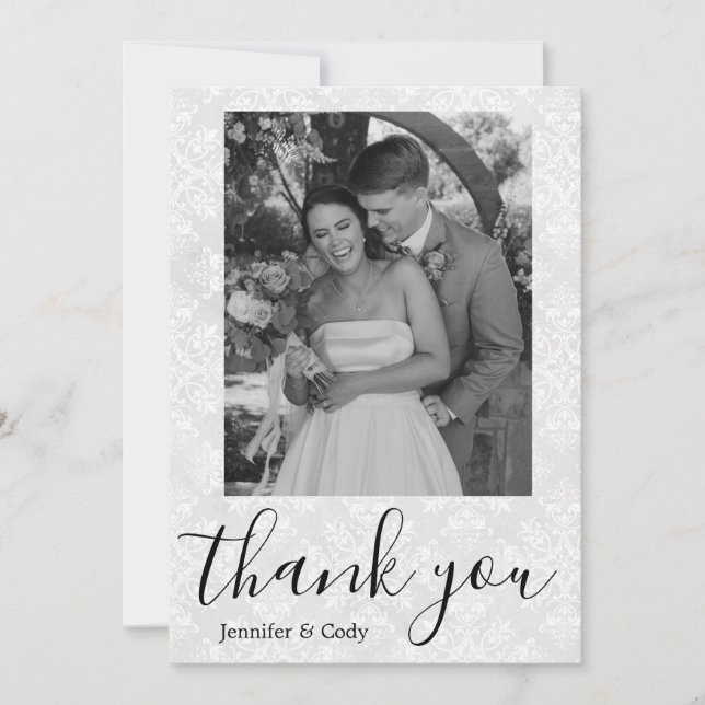 Elegante Damask Foto Black & White Dankeschön Card Einladung (Vorderseite)