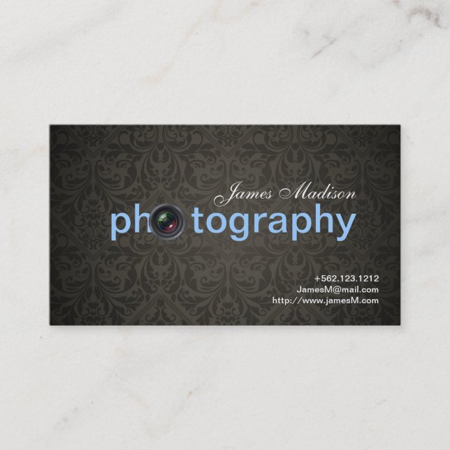 Elegante Damask Fotografie Visitenkarten mit QR Visitenkarte (Vorderseite)