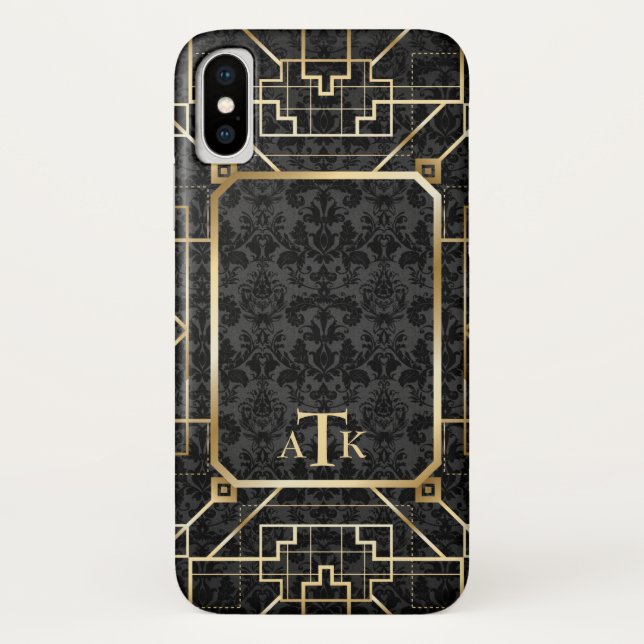 Elegante Damask Gold Art Deco Custom Monogram Case-Mate iPhone Hülle (Rückseite)