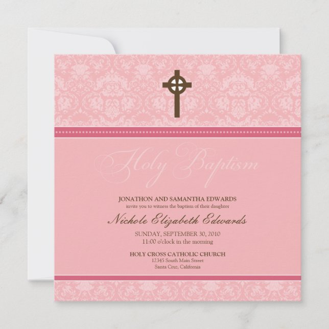 Elegante Damask Heilige Taufe Einladung (pink) (Vorderseite)