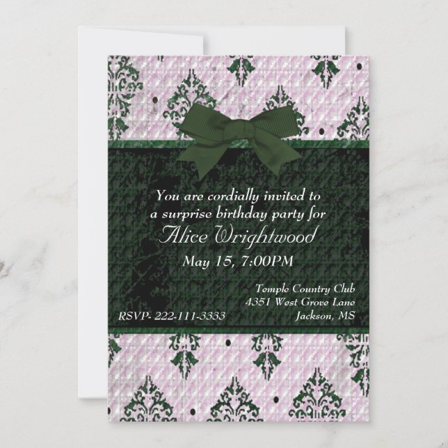 Elegante Damask Ladys Birthday Einladung (Vorderseite)
