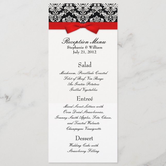 Elegante Damask mit Red Bow Empfang Menu Menükarte (Vorderseite)