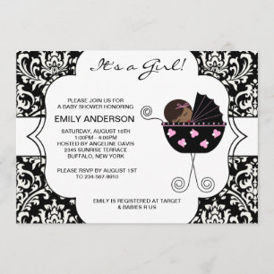 Elegante Damask Pink Black Baby Girl Dusche Einladung