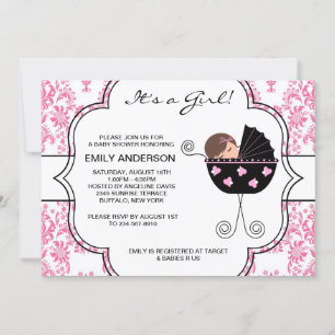 Elegante Damask Pink Black Baby Girl Dusche Einladung