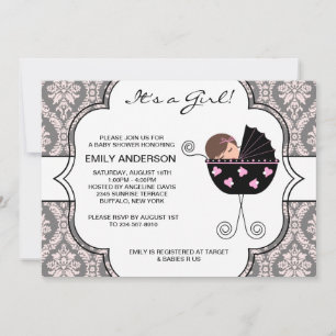 Elegante Damask Pink Black Baby Girl Dusche Einladung