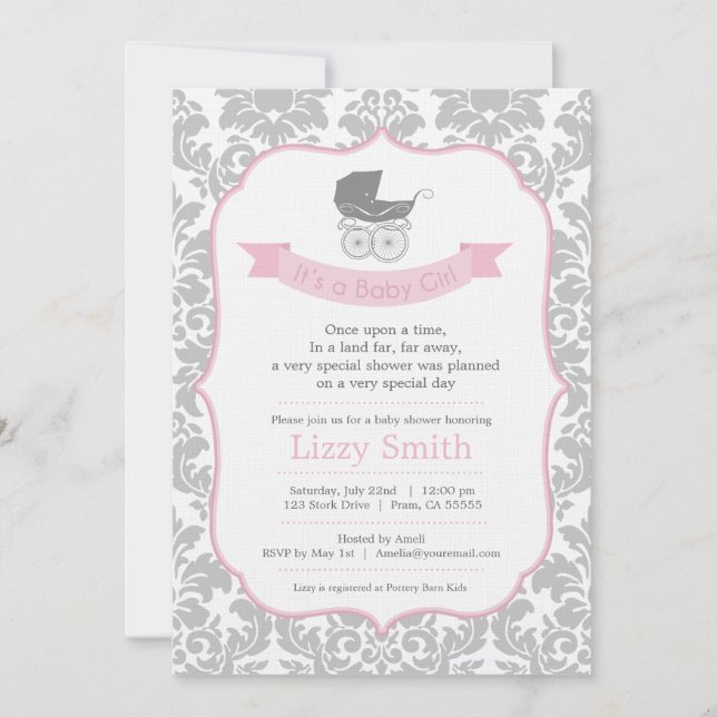 Elegante Damask & Pram Babydusche Einladung (Vorderseite)