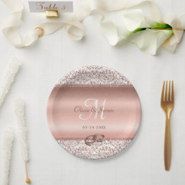 Elegante Damask Rose Gold Monogram Wedding Pappteller