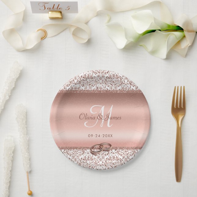 Elegante Damask Rose Gold Monogram Wedding Pappteller (Hochzeit)