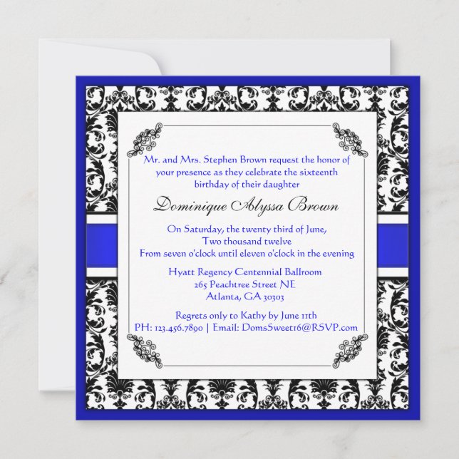 Elegante Damask Swirl Einladung [blau] (Vorderseite)