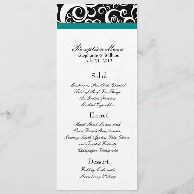 Elegante Damask Wirbel Empfang Menü in Aquamarin Menükarte (Vorderseite)