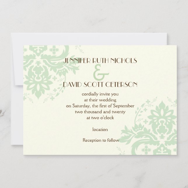 Elegante Damaske Minzgrün, Elfenbeinhochzeit Einladung (Vorderseite)