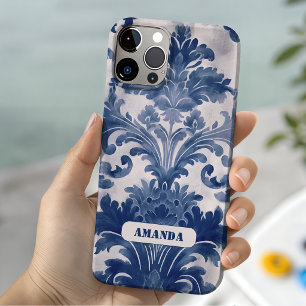 Elegante Damast-Blau Toile de Jouy Monogramm Case-Mate iPhone 14 Hülle