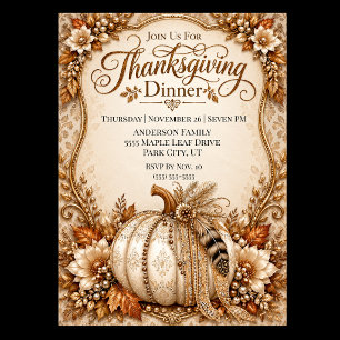 Elegante Damast-Boho-Kürbis-Thanksgiving-Dinner Einladung