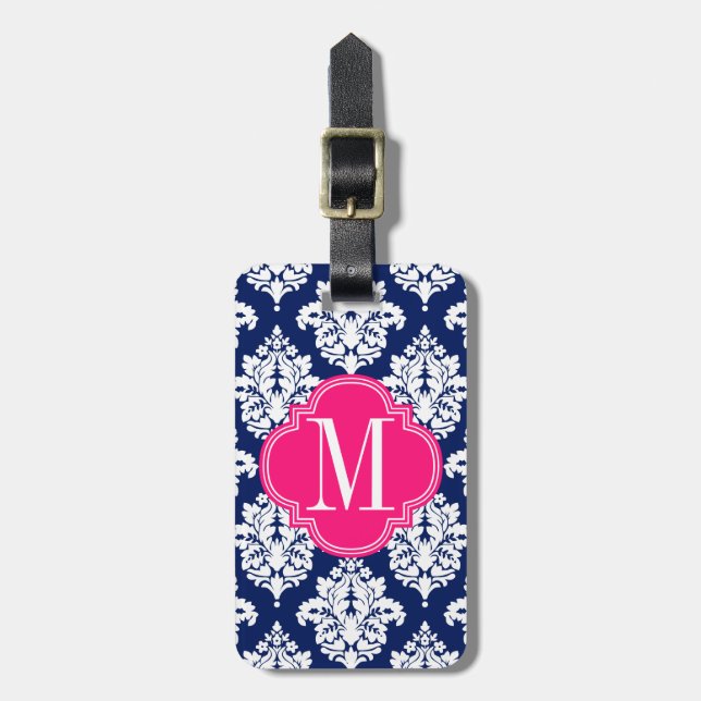 Elegante Damast-Marine u. rosa kundenspezifisches Gepäckanhänger (Vorderseite vertikal)