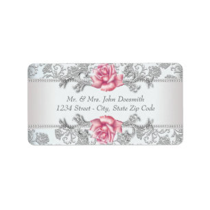Elegante Damast- und rosa Rosen-Adressetiketten Adressaufkleber