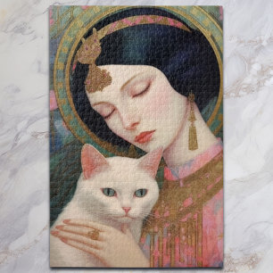 Elegante Dame in Rosa mit weißer Katze I Art Nouve