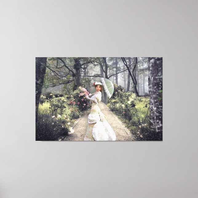 Elegante Dame mit Schirm am Wald Leinwanddruck (Vorderseite)