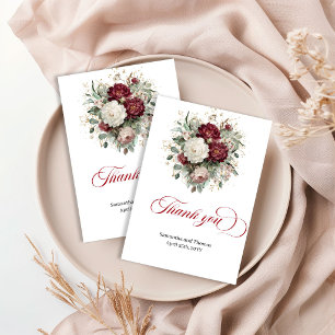 Elegante Dankeskarten mit tiefroten Blumen und Grü Dankeskarte