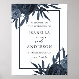 Elegante Dark Blue Floral Wedding Welcome Sign Poster
