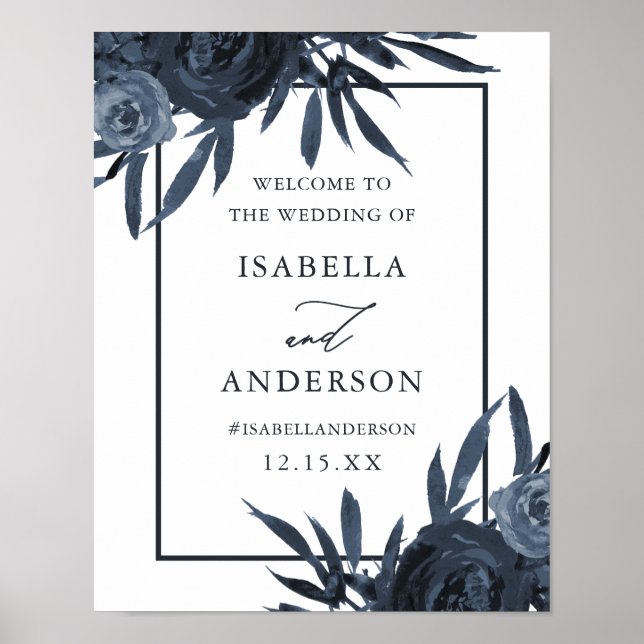 Elegante Dark Blue Floral Wedding Welcome Sign Poster (Vorne)