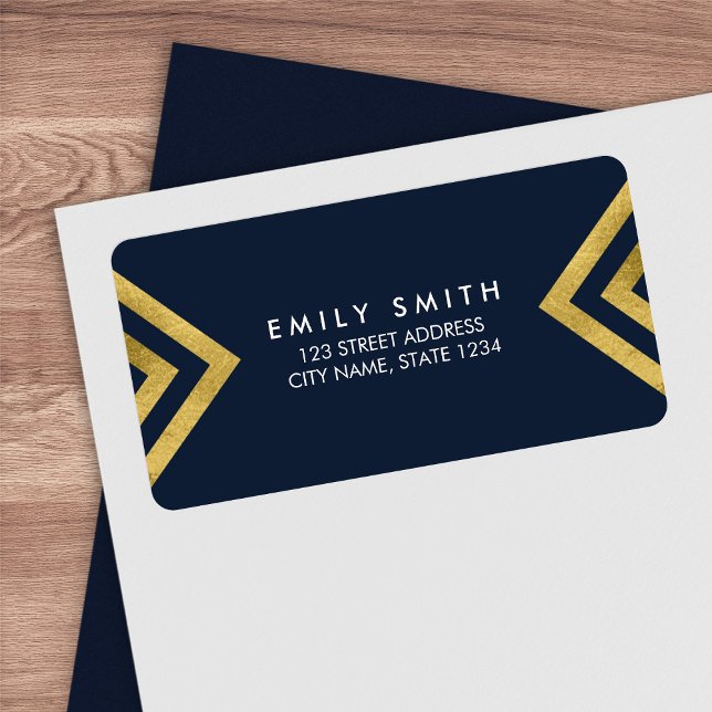 Elegante Dark Blue & Imitate Gold Geometric Addres Adressaufkleber (Von Creator hochgeladen)