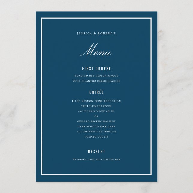 Elegante Dark Blue Wedding Menu Card Menükarte (Vorderseite)