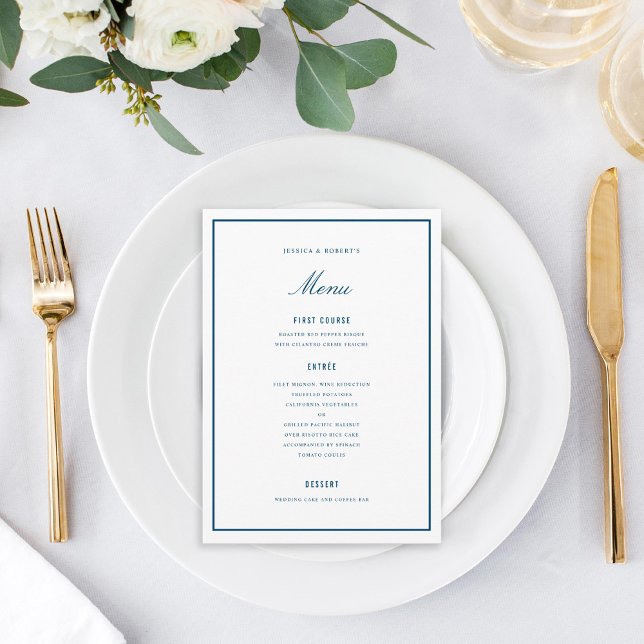 Elegante Dark Blue Wedding Menu Card Menükarte (Von Creator hochgeladen)