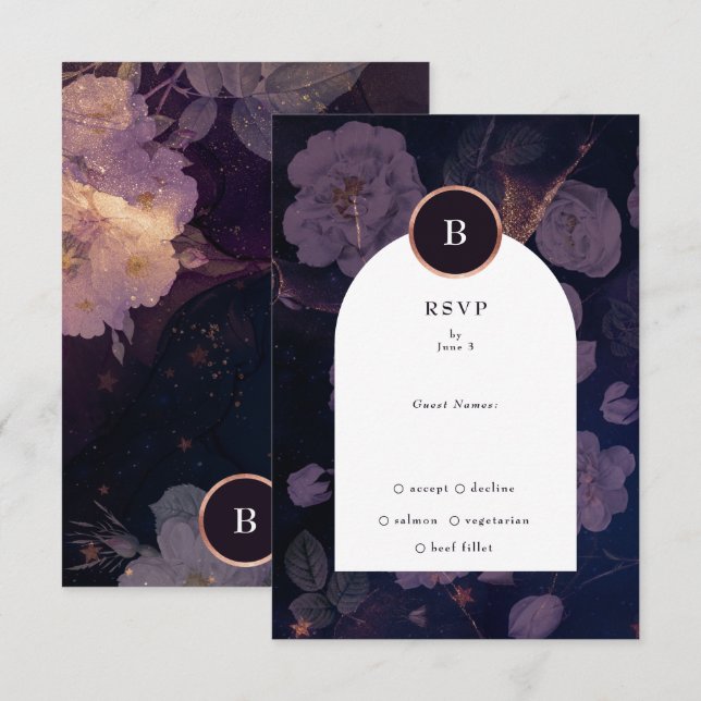Elegante Dark Boho Rose Blumenstrauß RSVP Karte (Vorne/Hinten)