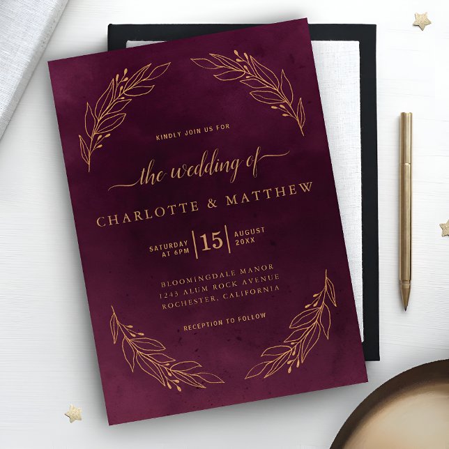Elegante Dark Burgund und Gold Botanische Hochzeit Einladung (Von Creator hochgeladen)