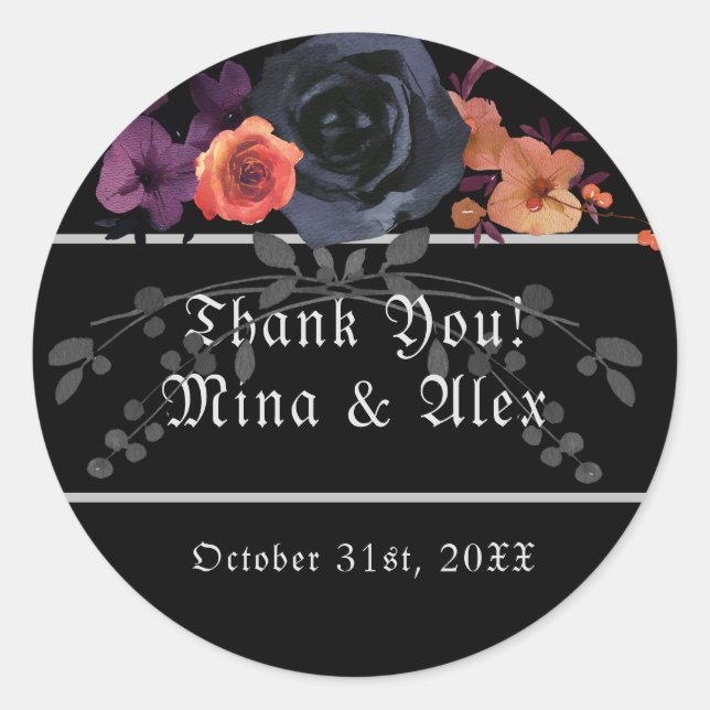 Elegante Dark Floral Black Goth Wedding Runder Aufkleber (Vorderseite)