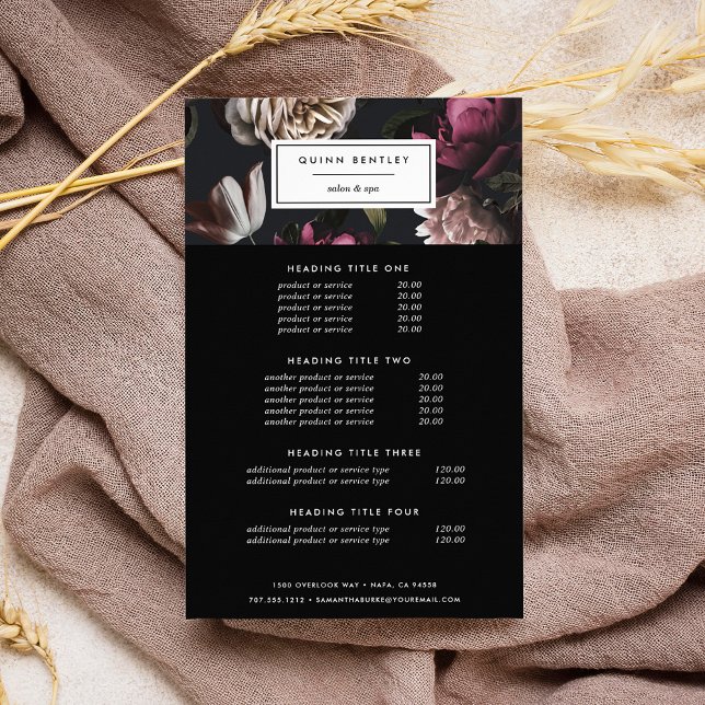 Elegante Dark Floral Pricing & Services Flyer (Von Creator hochgeladen)