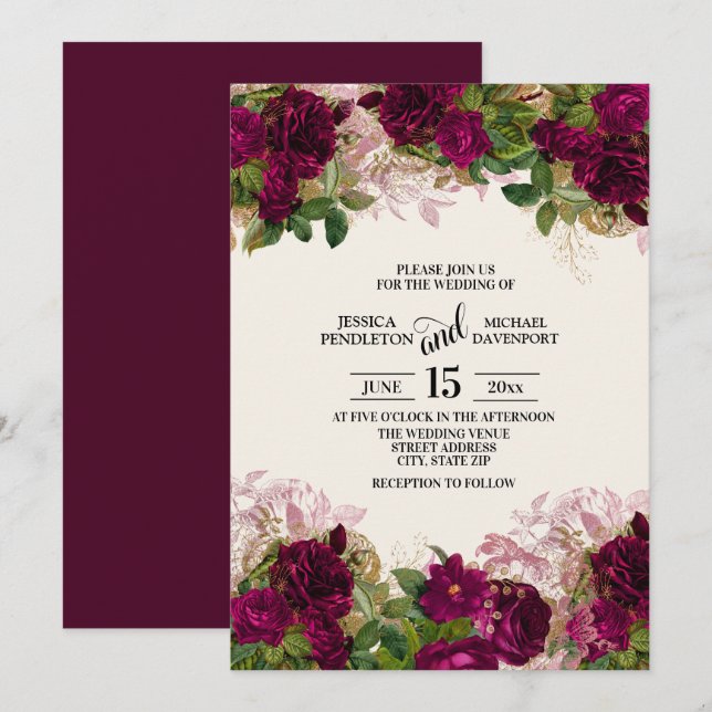 Elegante Dark Lila Plum Floral Wedding Einladung (Vorne/Hinten)