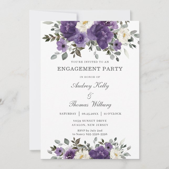 Elegante Dark Lila White Floral Engagement Party Einladung (Vorderseite)
