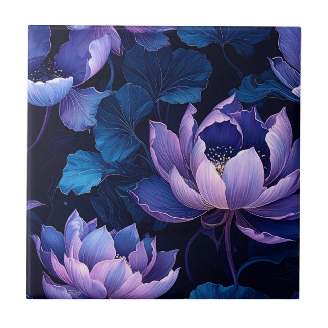 Elegante Dark Lotus Floral Muster Tile Fliese (Vorderseite)