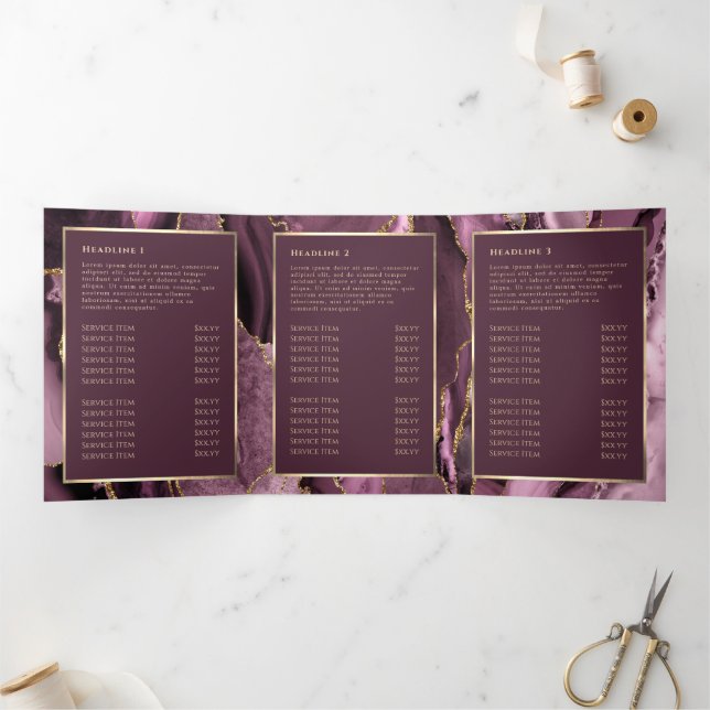 Elegante Dark Mauve Gold Agate Trifold Broschüre (Innenseite)