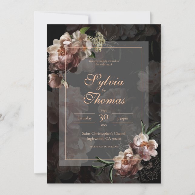 Elegante Dark Moody Rose Gold Floral Wedding Einladung (Vorderseite)