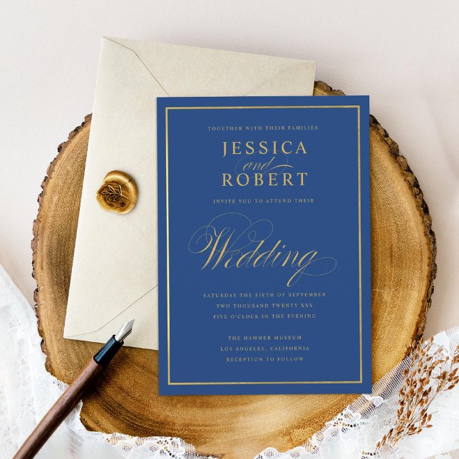 Elegante Dark Navy Imitate Goldbrasse Hochzeit Einladung (Von Creator hochgeladen)