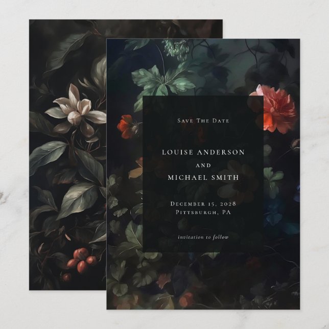 Elegante Dark Romantic Moody Floral Wedding Save The Date (Vorne/Hinten)