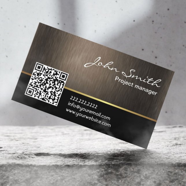 Elegante Dark Wood QR Code Business Card Visitenkarte (Von Creator hochgeladen)