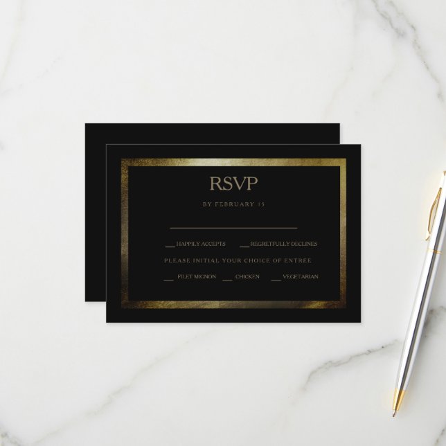 Elegante Day Black & Gold Wedding RSVP Card (Vorderseite/Rückseite Beispiel)