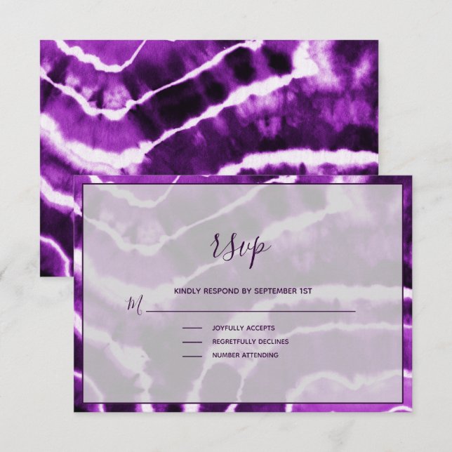 Elegante Deep Lila Marble Batik Wedding RSVP Card (Vorne/Hinten)