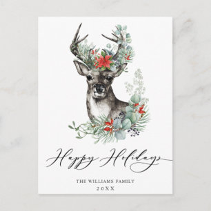 Elegante Deer Poinsettia Weihnachtsgrüße Postkarte