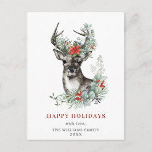 Elegante Deer Poinsettia Weihnachtsgrüße Postkarte