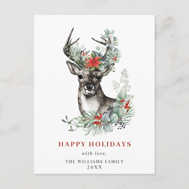 Elegante Deer Poinsettia Weihnachtsgrüße Postkarte (Vorderseite)
