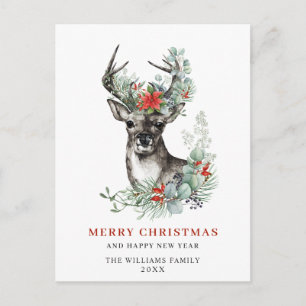 Elegante Deer Poinsettia Weihnachtsgrüße Postkarte