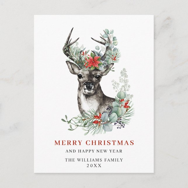 Elegante Deer Poinsettia Weihnachtsgrüße Postkarte (Vorderseite)