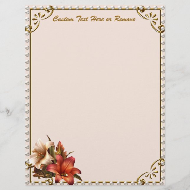 Elegante dekorative Gold Border Lilly Floral Blume Briefbogen (Vorderseite)